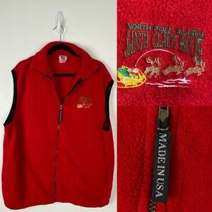 Vintage Men’s Polar Graphics Red Fleece Zippered Vest North Pole Santa Clause XL